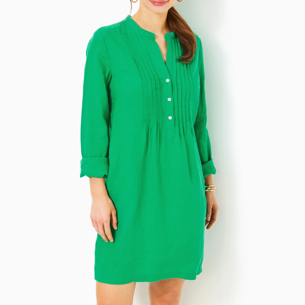 Lilly Pulitzer Rhoda Popover Linen Dress Long Sleeve Brazilian Green Size 00